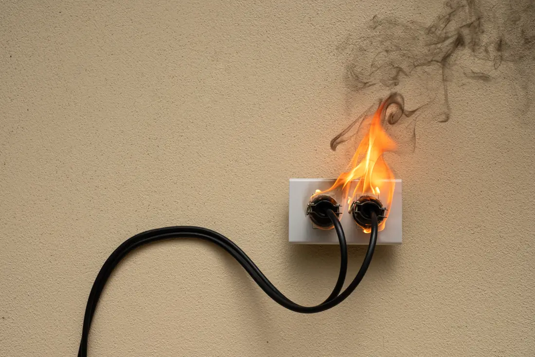 Brennende Steckdose als Beispiel für ein elektrisches Sicherheitsrisiko